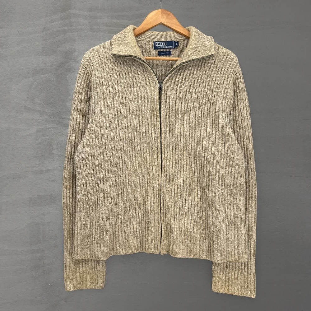 Vintage Polo Ralph Lauren Cardigan Sweater Tan Ribbed Knit Full Zip Large